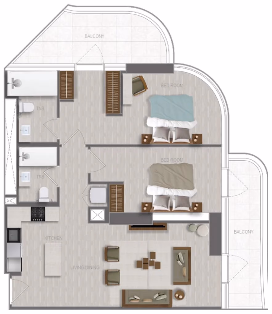 תוכנית 2 חדרי שינה · 2 BR Type 01 ב־נדל"ן להשקעה A1LA Residence, באזור Al Reem Island, אבו דאבי