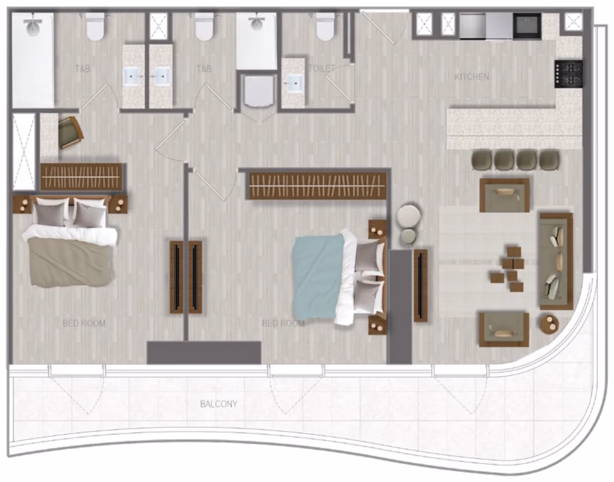 תוכנית 2 חדרי שינה · 2 BR Type 11 ב־נדל"ן להשקעה A1LA Residence, באזור Al Reem Island, אבו דאבי
