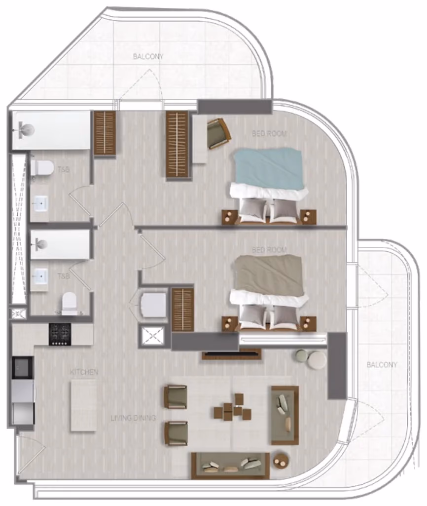 תוכנית 2 חדרי שינה · 2 BR Type 12 ב־נדל"ן להשקעה A1LA Residence, באזור Al Reem Island, אבו דאבי