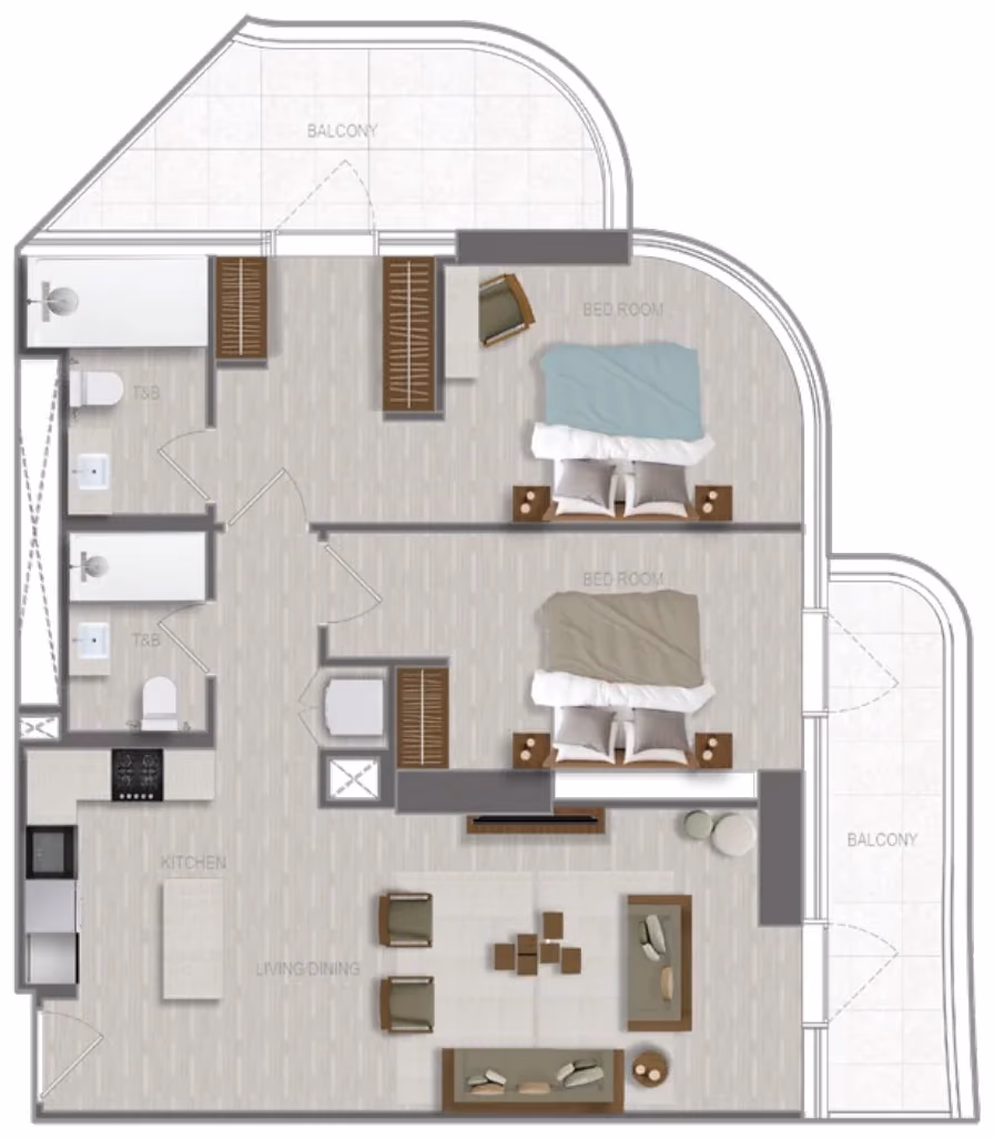 תוכנית 2 חדרי שינה · 2 BR Type 14 ב־נדל"ן להשקעה A1LA Residence, באזור Al Reem Island, אבו דאבי