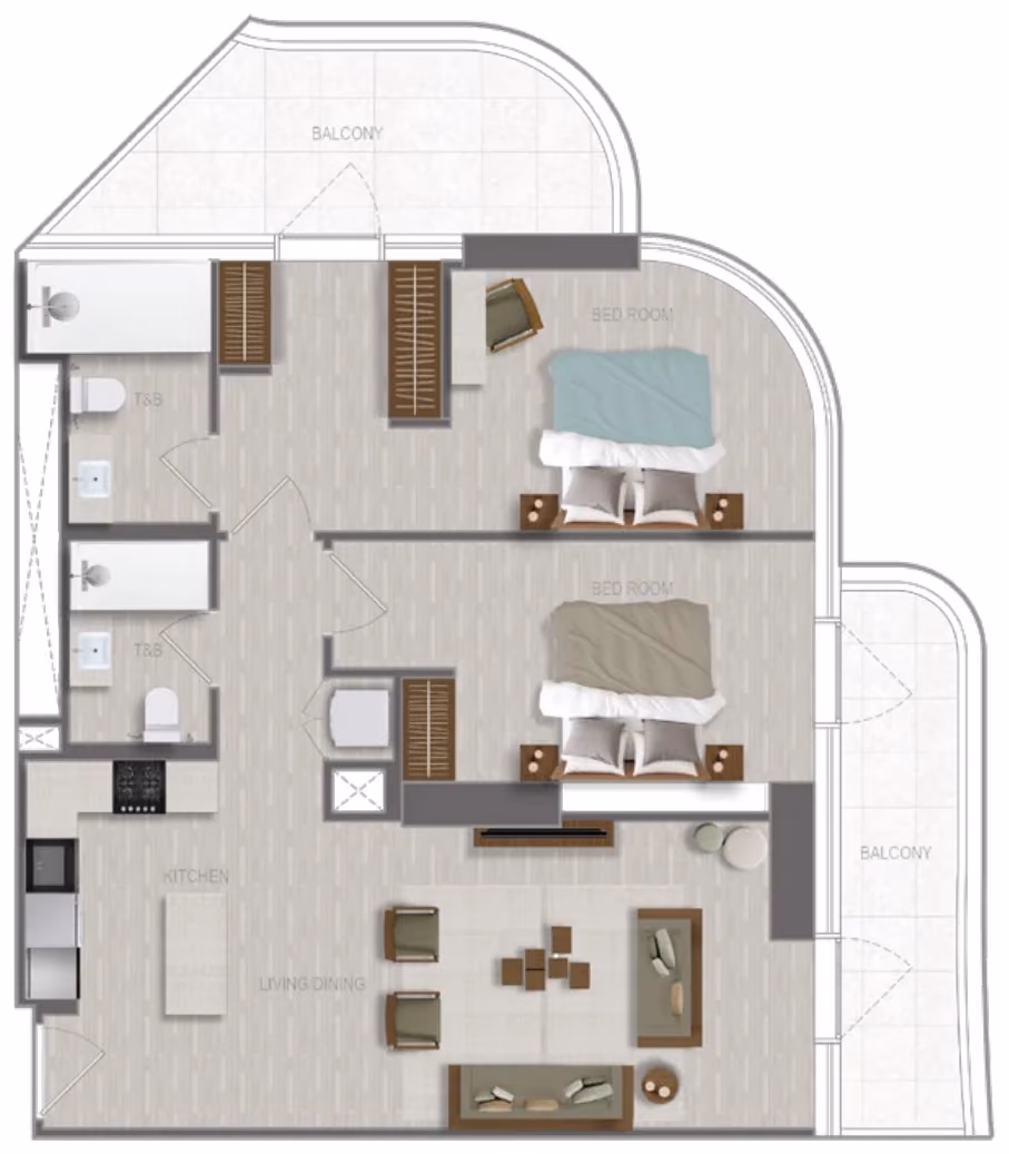 תוכנית 2 חדרי שינה · 2 BR Type 15 ב־נדל"ן להשקעה A1LA Residence, באזור Al Reem Island, אבו דאבי