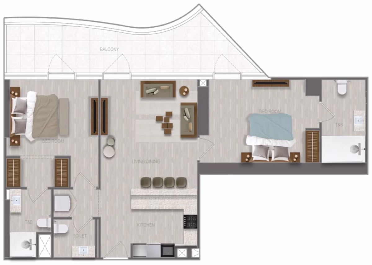 תוכנית 2 חדרי שינה · 2 BR Type 16 ב־נדל"ן להשקעה A1LA Residence, באזור Al Reem Island, אבו דאבי