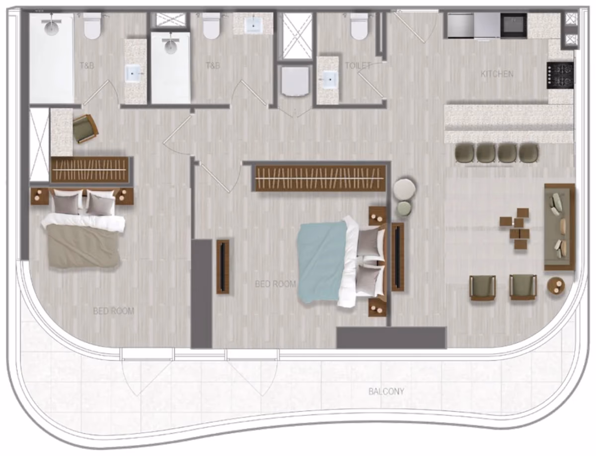 תוכנית 2 חדרי שינה · 2 BR Type 17 ב־נדל"ן להשקעה A1LA Residence, באזור Al Reem Island, אבו דאבי