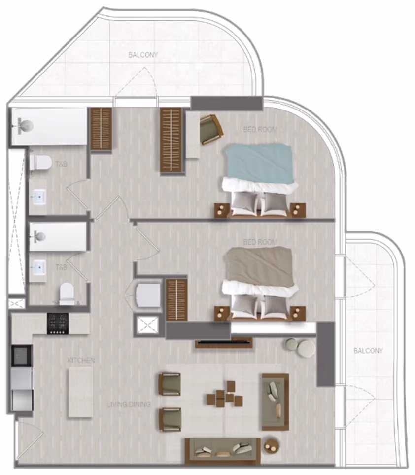 תוכנית 2 חדרי שינה · 2 BR Type 20 ב־נדל"ן להשקעה A1LA Residence, באזור Al Reem Island, אבו דאבי
