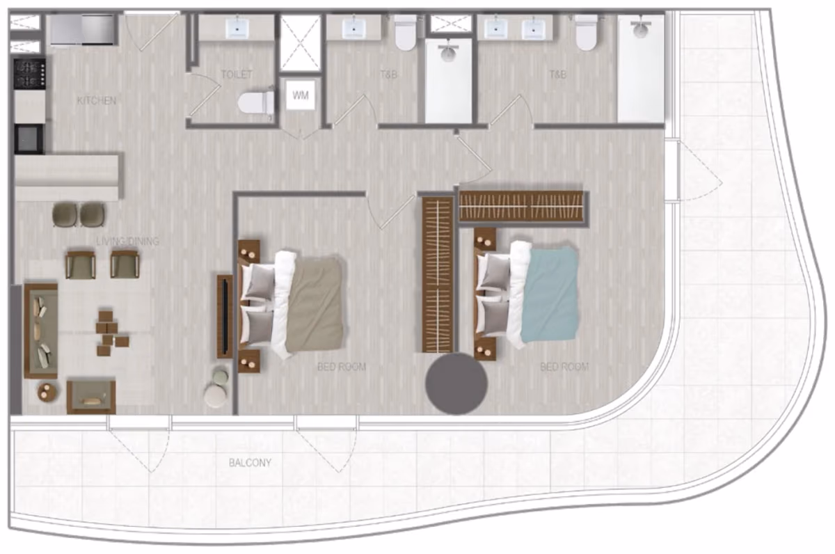 תוכנית 2 חדרי שינה · 2 BR Type 21 ב־נדל"ן להשקעה A1LA Residence, באזור Al Reem Island, אבו דאבי