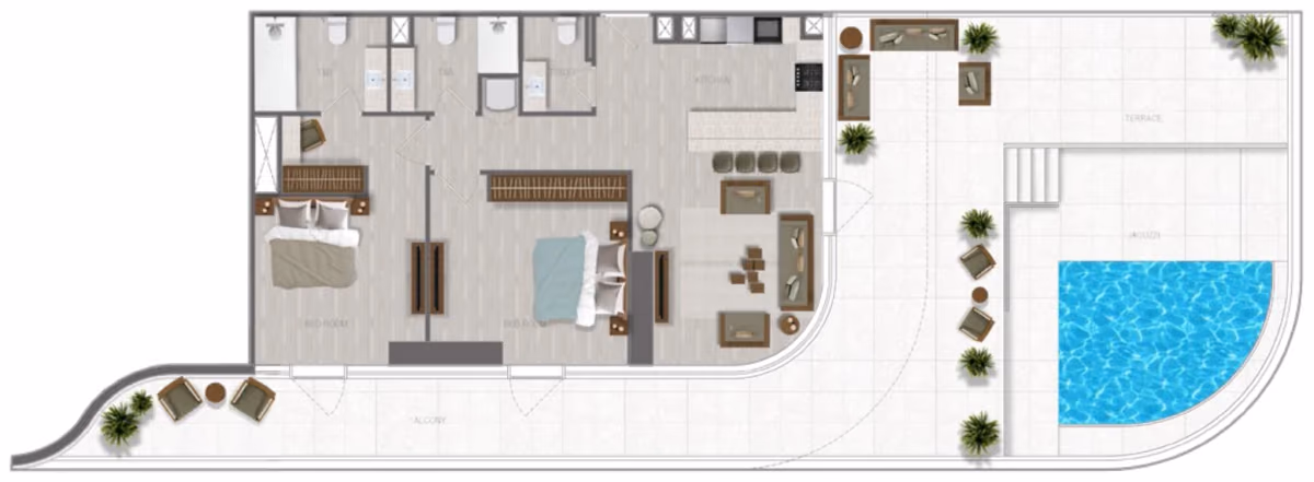 תוכנית 2 חדרי שינה · 2 BR Type 22 ב־נדל"ן להשקעה A1LA Residence, באזור Al Reem Island, אבו דאבי