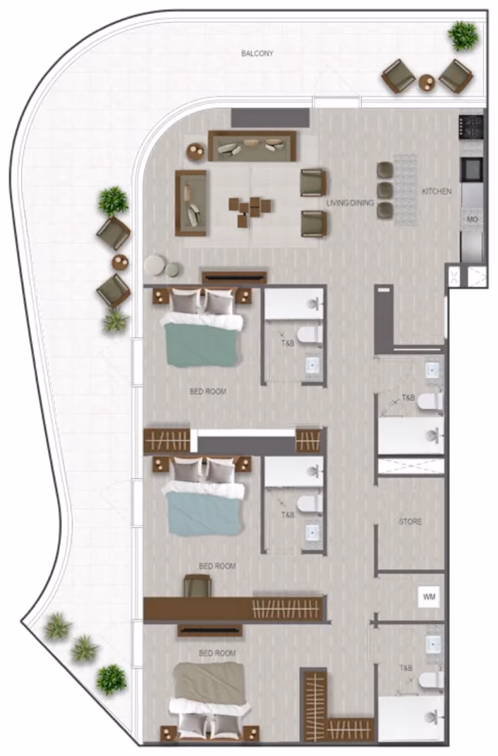 תוכנית 3 חדרי שינה · 3 BR Type 01 ב־נדל"ן להשקעה A1LA Residence, באזור Al Reem Island, אבו דאבי