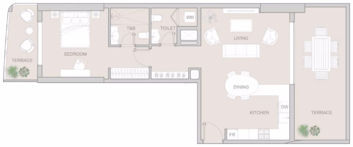 תוכנית חדר שינה אחד · Type A ב־נדל"ן להשקעה: Object One V1V1D Residence, באזור JVT, דובאי