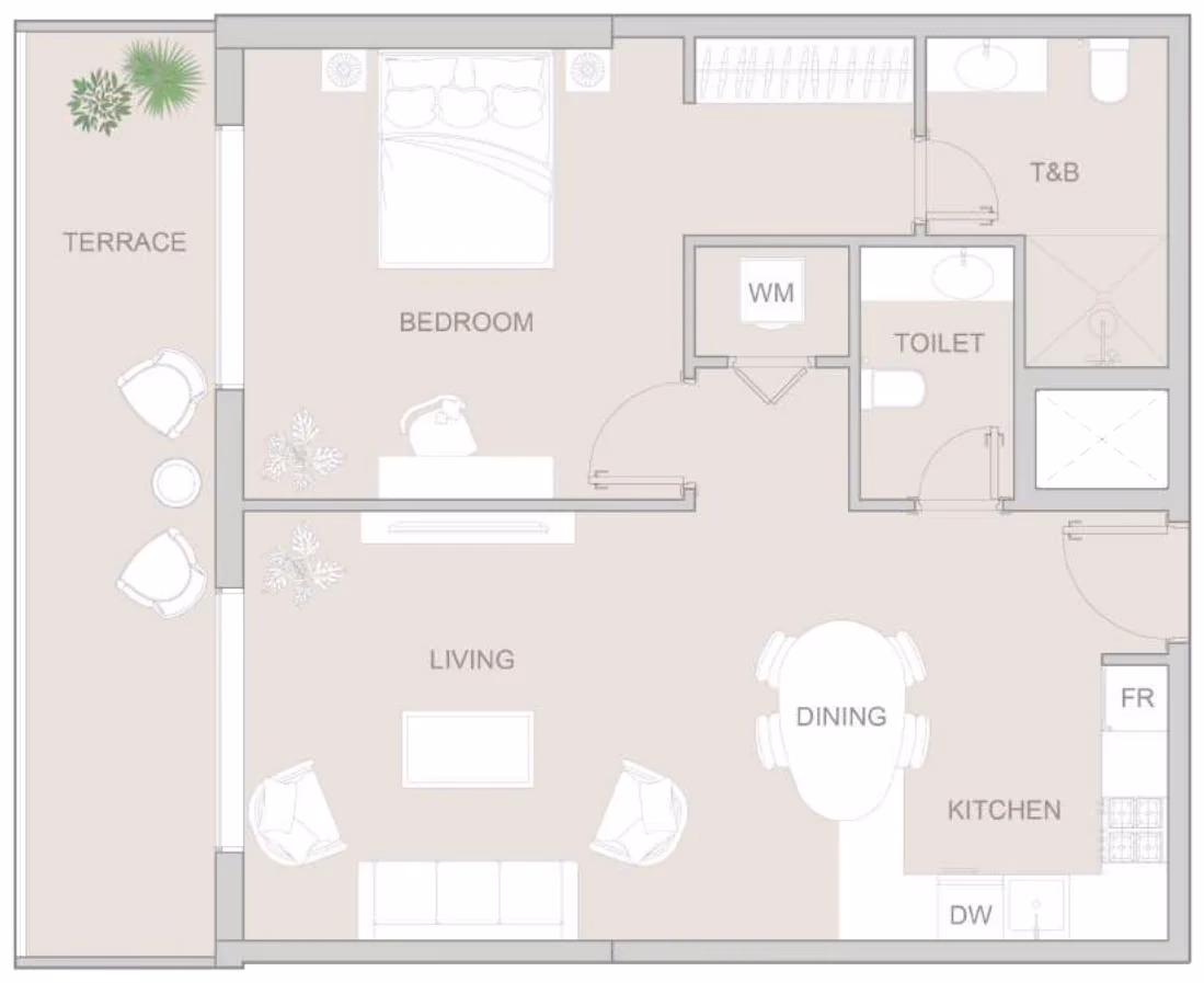 תוכנית חדר שינה אחד · Type B ב־נדל"ן להשקעה: Object One V1V1D Residence, באזור JVT, דובאי