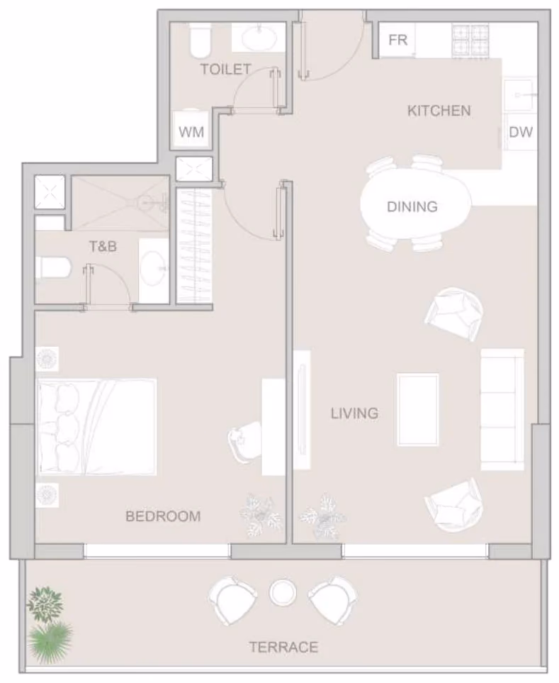 תוכנית חדר שינה אחד · Type C ב־נדל"ן להשקעה: Object One V1V1D Residence, באזור JVT, דובאי