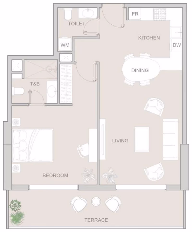 תוכנית חדר שינה אחד · Type D ב־נדל"ן להשקעה: Object One V1V1D Residence, באזור JVT, דובאי