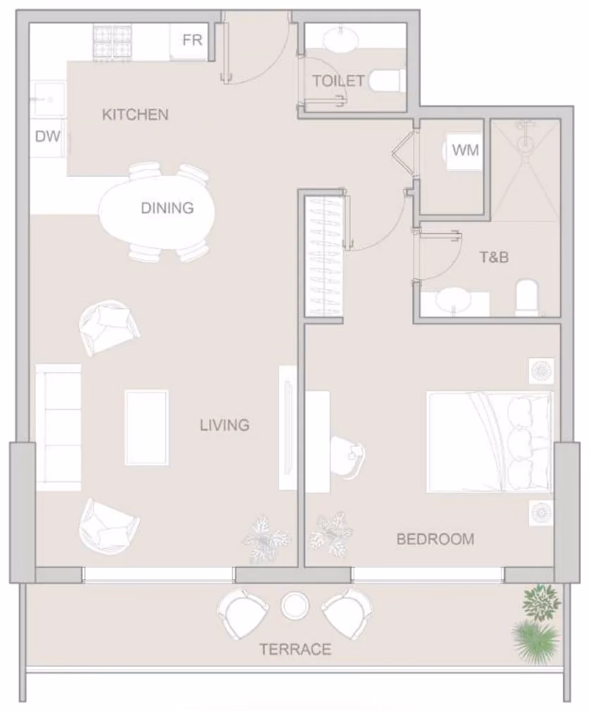 תוכנית חדר שינה אחד · Type E ב־נדל"ן להשקעה: Object One V1V1D Residence, באזור JVT, דובאי