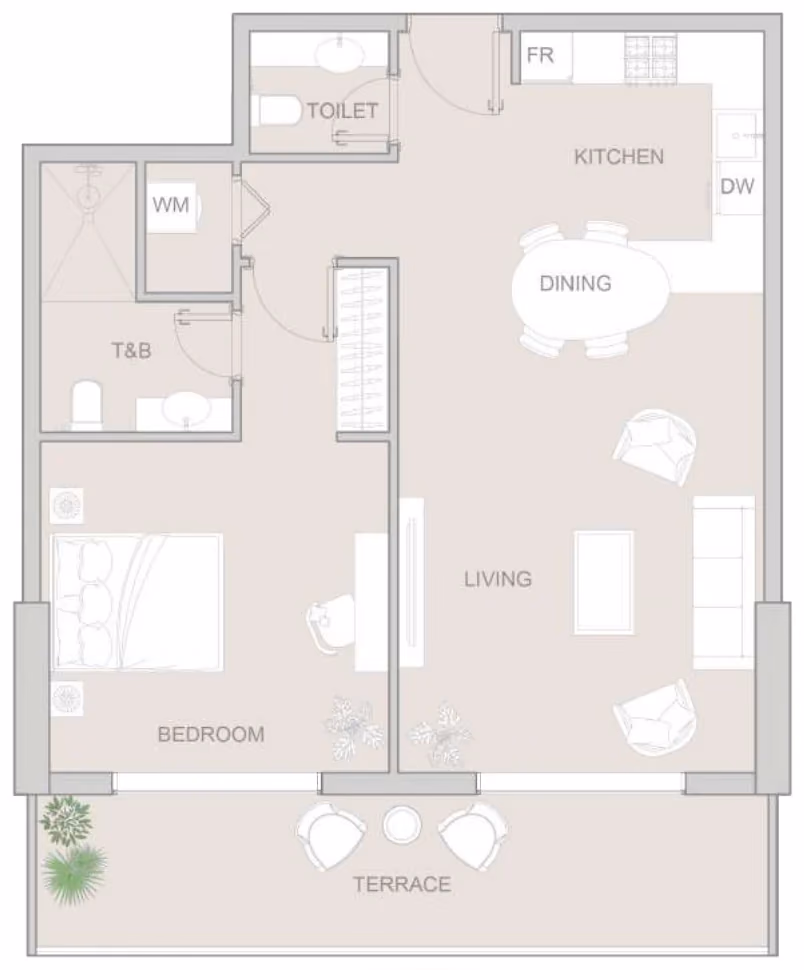 תוכנית חדר שינה אחד · Type F ב־נדל"ן להשקעה: Object One V1V1D Residence, באזור JVT, דובאי