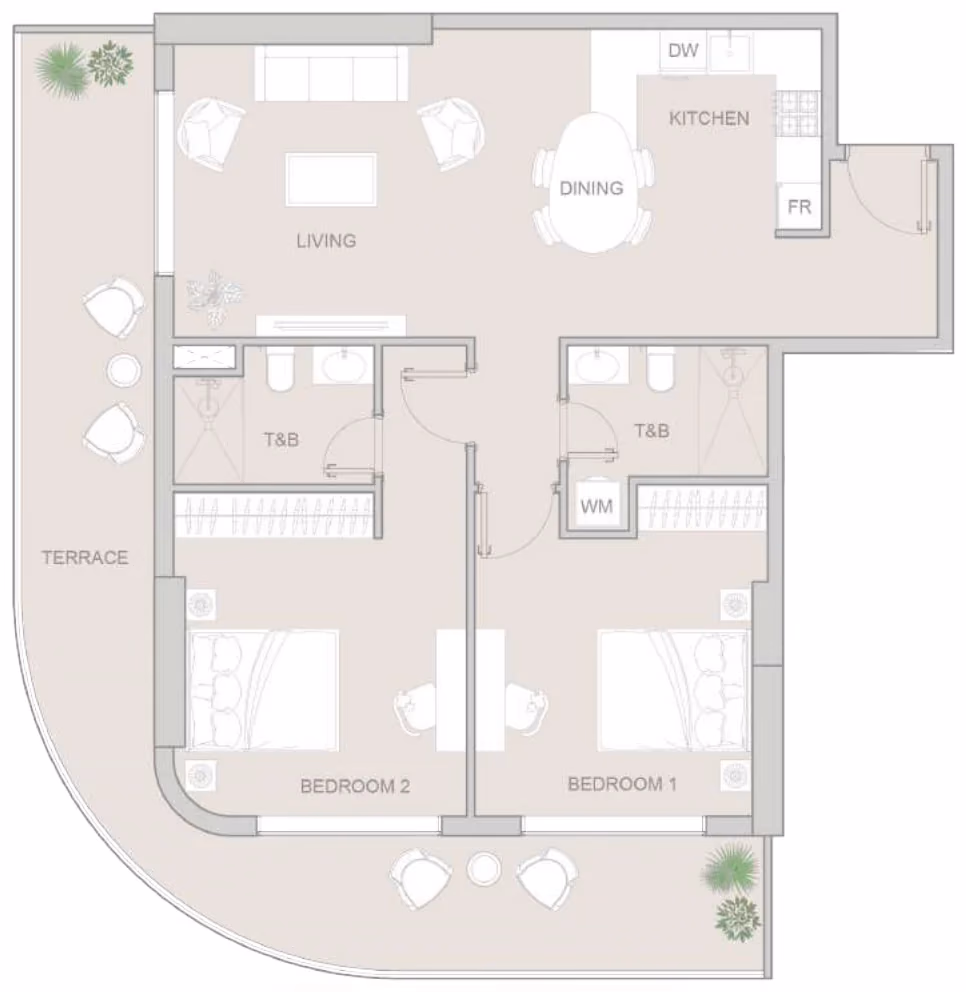 תוכנית 2 חדרי שינה · Type A ב־נדל"ן להשקעה: Object One V1V1D Residence, באזור JVT, דובאי