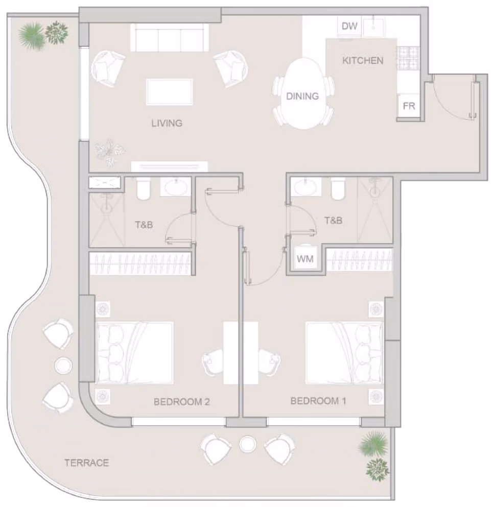 תוכנית 2 חדרי שינה · Type B ב־נדל"ן להשקעה: Object One V1V1D Residence, באזור JVT, דובאי