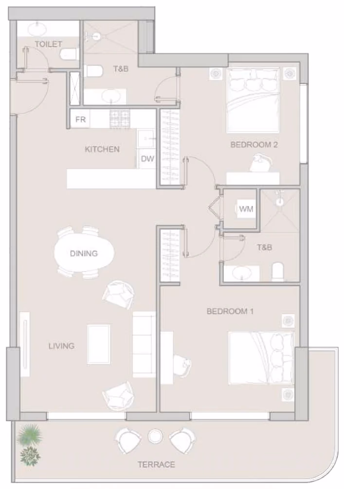 תוכנית 2 חדרי שינה · Type C ב־נדל"ן להשקעה: Object One V1V1D Residence, באזור JVT, דובאי