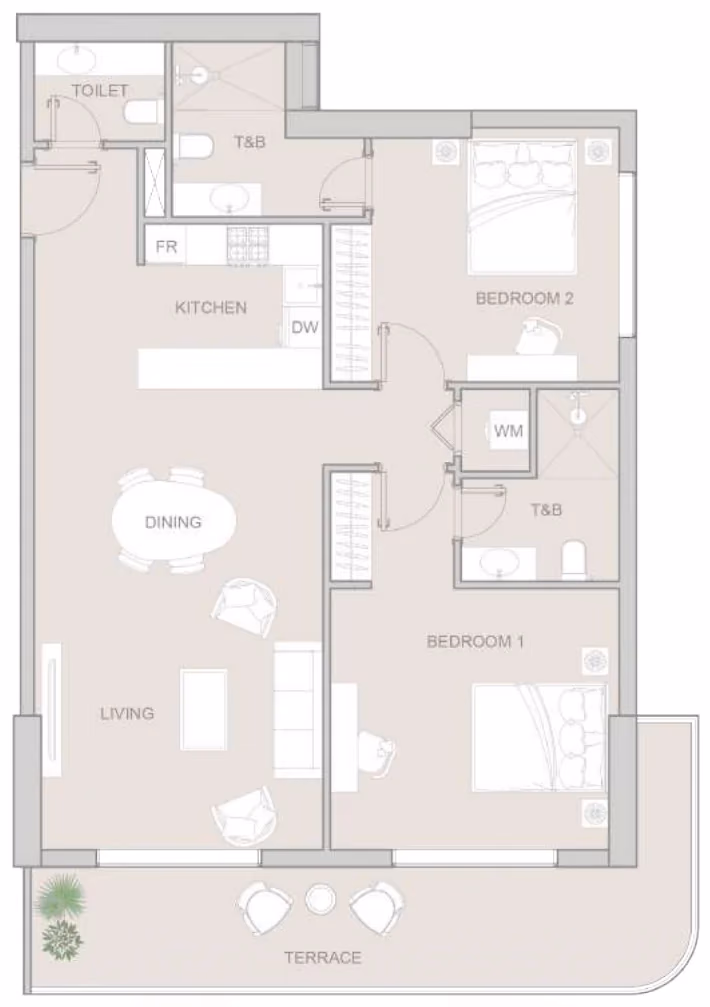 תוכנית 2 חדרי שינה · Type D ב־נדל"ן להשקעה: Object One V1V1D Residence, באזור JVT, דובאי