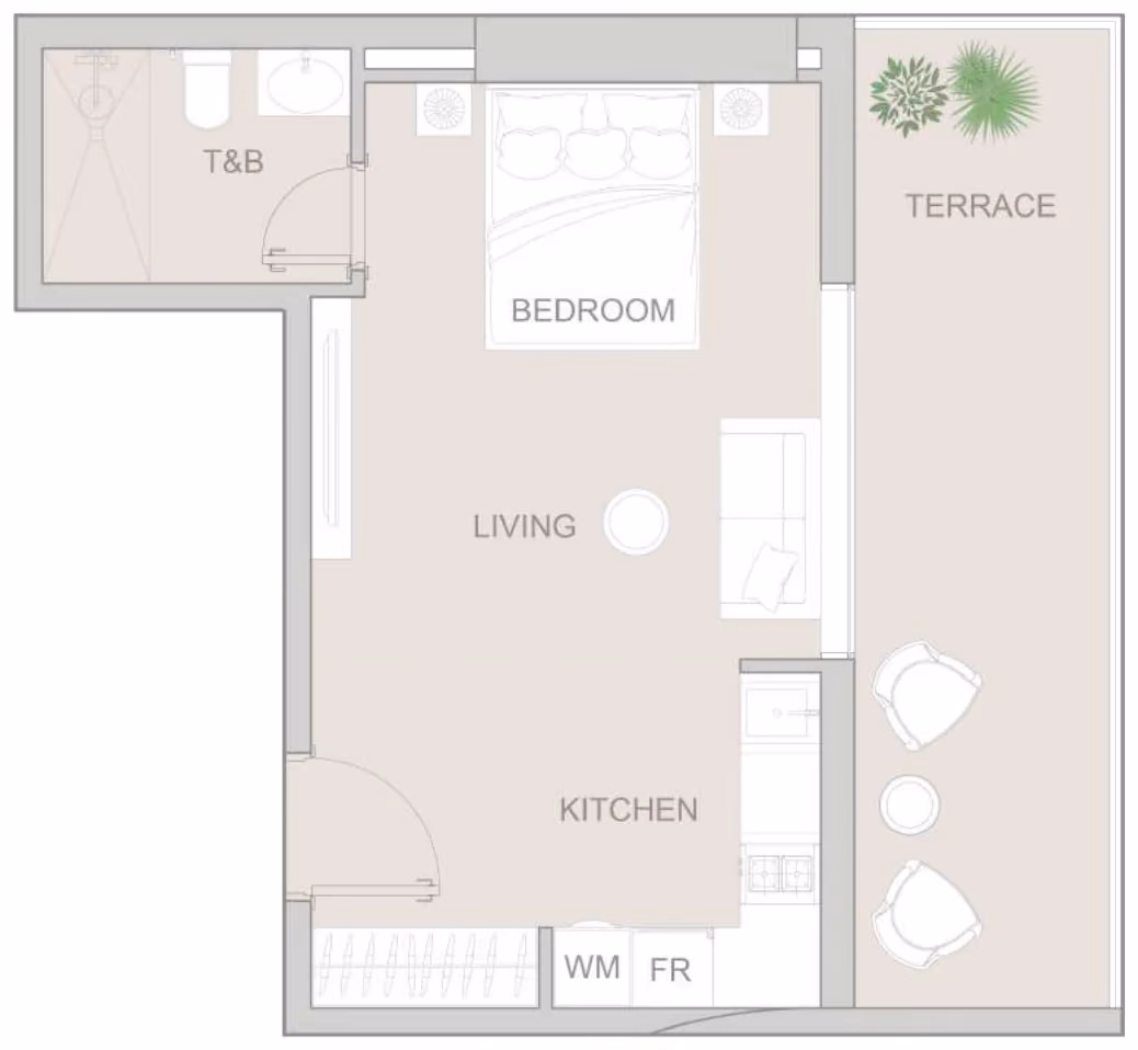 תוכנית סטודיו · Type A ב־נדל"ן להשקעה: Object One V1V1D Residence, באזור JVT, דובאי