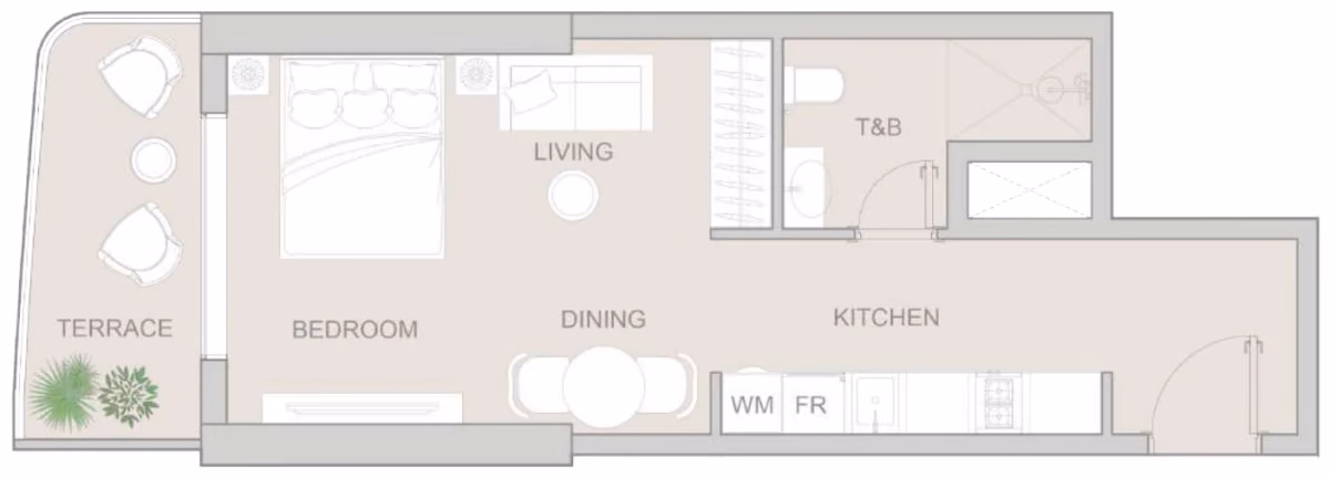 תוכנית סטודיו · Type B ב־נדל"ן להשקעה: Object One V1V1D Residence, באזור JVT, דובאי