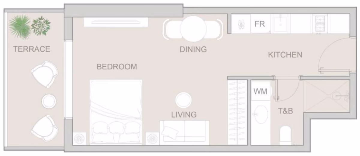 תוכנית סטודיו · Type C ב־נדל"ן להשקעה: Object One V1V1D Residence, באזור JVT, דובאי