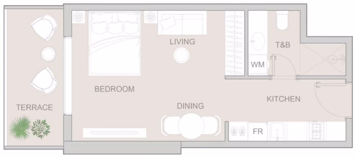 תוכנית סטודיו · Type D ב־נדל"ן להשקעה: Object One V1V1D Residence, באזור JVT, דובאי
