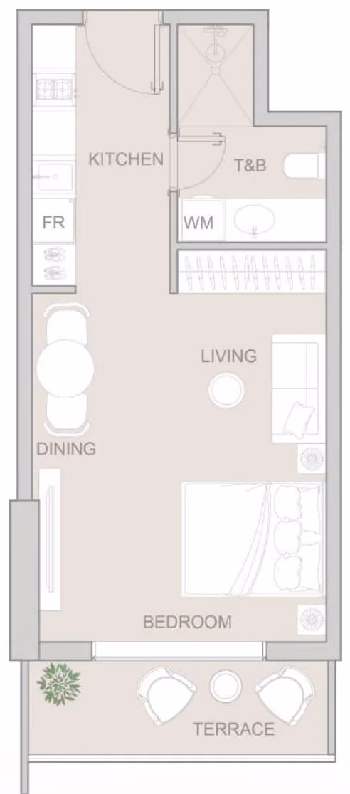 תוכנית סטודיו · Type E ב־נדל"ן להשקעה: Object One V1V1D Residence, באזור JVT, דובאי