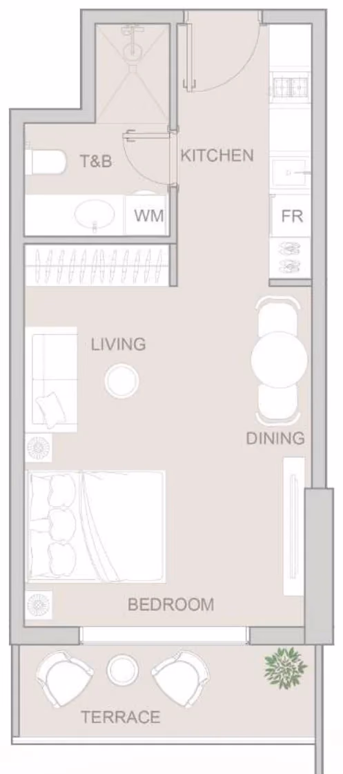 תוכנית סטודיו · Type F ב־נדל"ן להשקעה: Object One V1V1D Residence, באזור JVT, דובאי