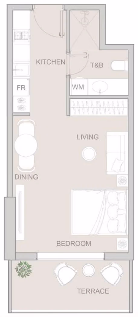 תוכנית סטודיו · Type G ב־נדל"ן להשקעה: Object One V1V1D Residence, באזור JVT, דובאי