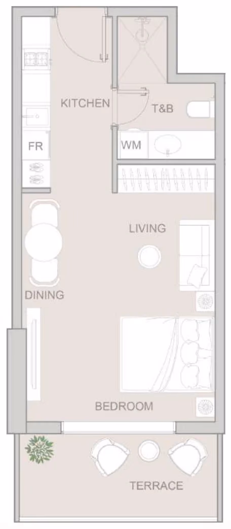 תוכנית סטודיו · Type H ב־נדל"ן להשקעה: Object One V1V1D Residence, באזור JVT, דובאי