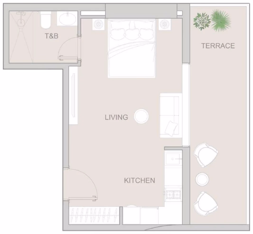 תוכנית סטודיו · Type I ב־נדל"ן להשקעה: Object One V1V1D Residence, באזור JVT, דובאי