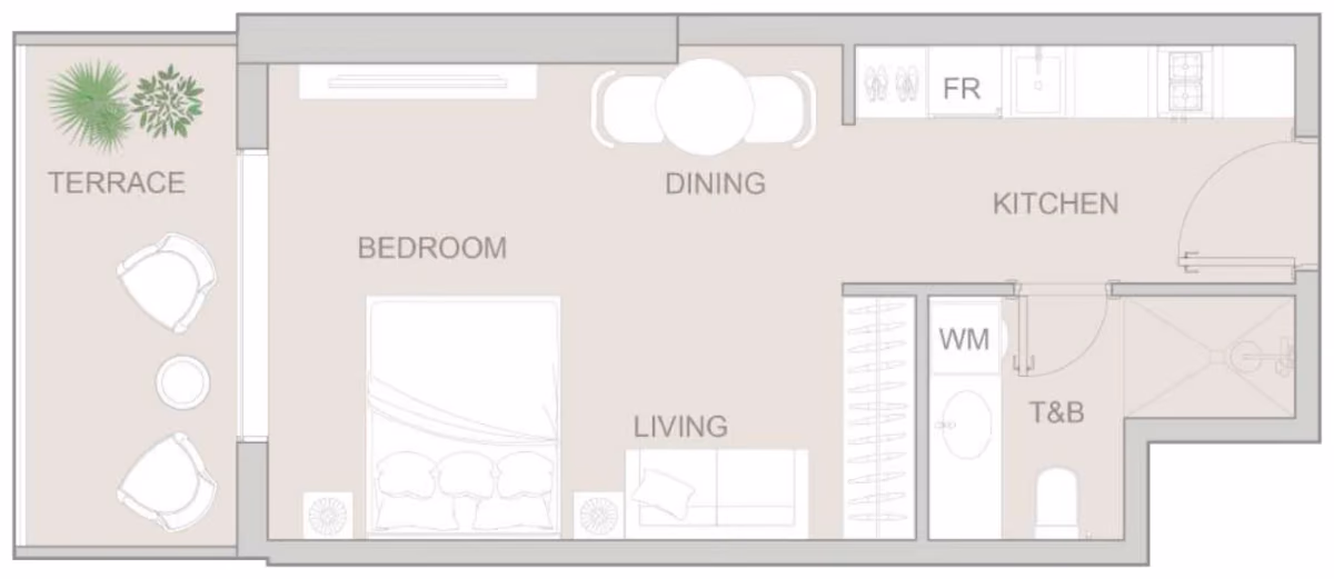 תוכנית סטודיו · Type J ב־נדל"ן להשקעה: Object One V1V1D Residence, באזור JVT, דובאי