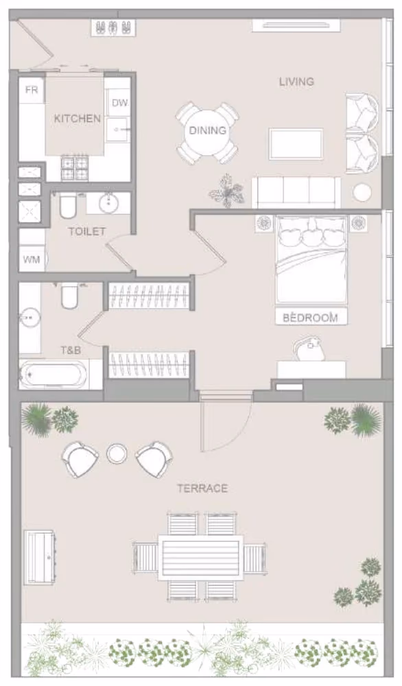 תוכנית חדר שינה אחד · Type A ב־נדל"ן להשקעה Object One V1stara House, באזור Al Furjan, דובאי