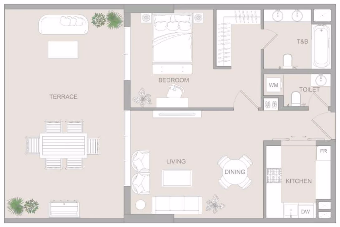 תוכנית חדר שינה אחד · Type B ב־נדל"ן להשקעה Object One V1stara House, באזור Al Furjan, דובאי