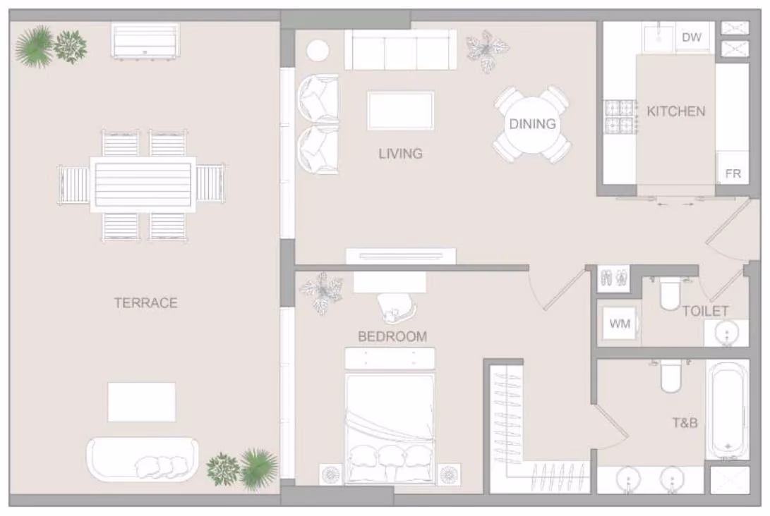 תוכנית חדר שינה אחד · Type C ב־נדל"ן להשקעה Object One V1stara House, באזור Al Furjan, דובאי
