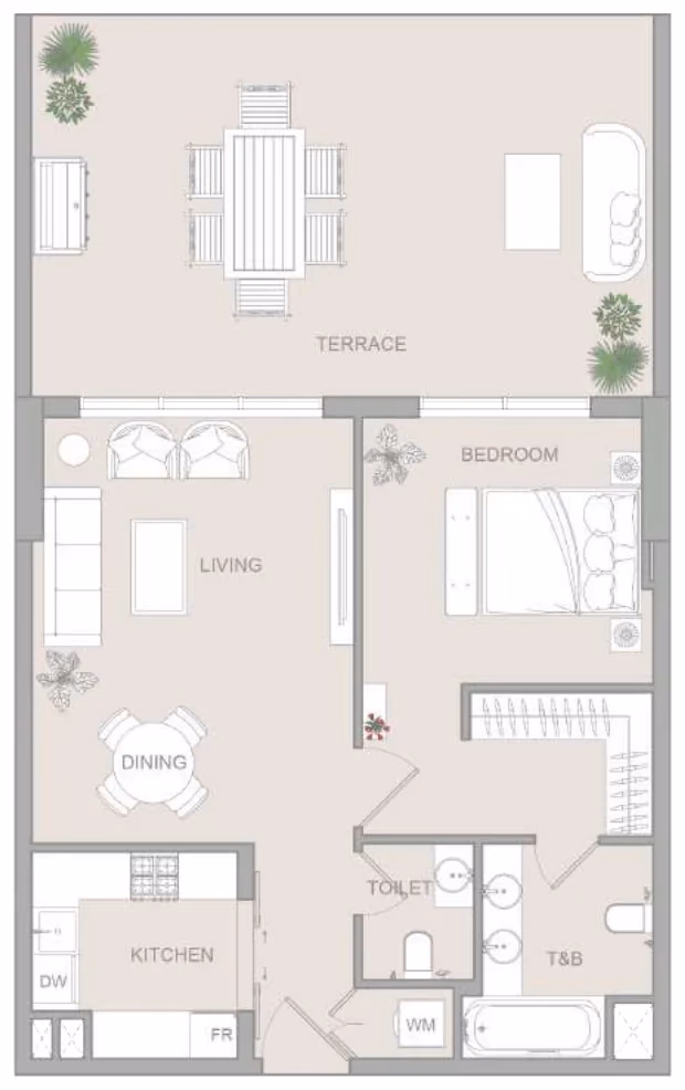 תוכנית חדר שינה אחד · Type D ב־נדל"ן להשקעה Object One V1stara House, באזור Al Furjan, דובאי