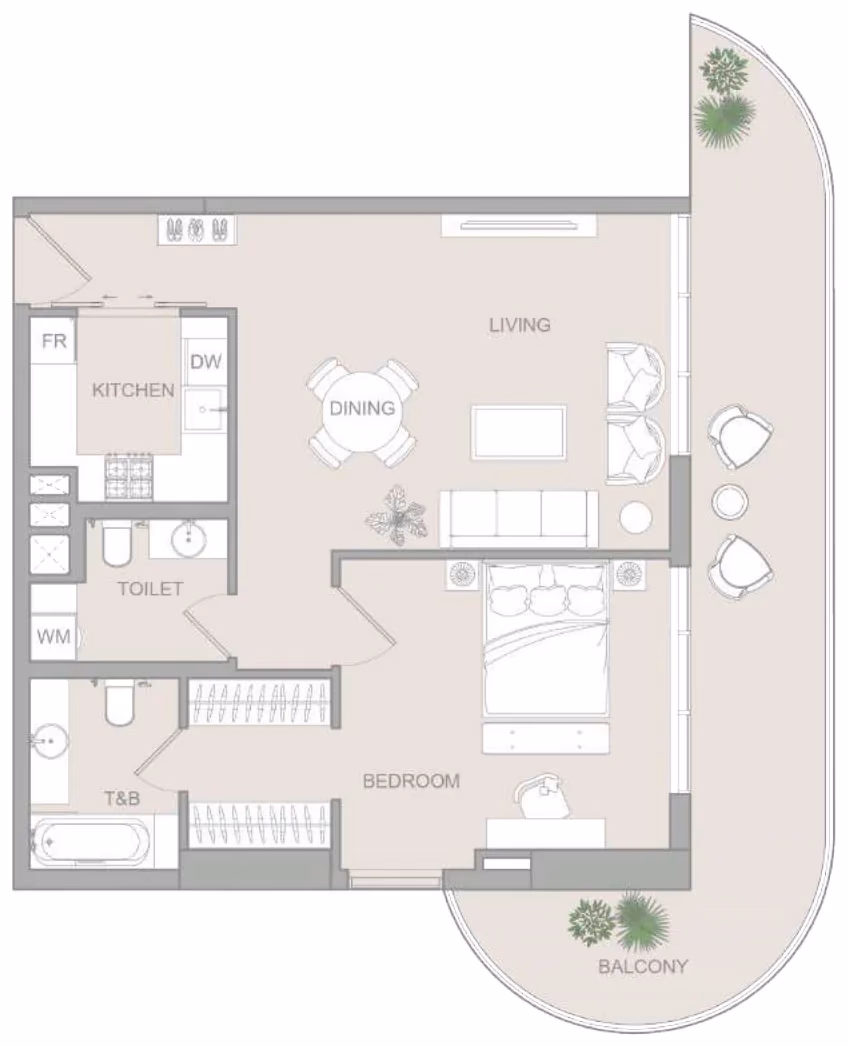 תוכנית חדר שינה אחד · Type E ב־נדל"ן להשקעה Object One V1stara House, באזור Al Furjan, דובאי