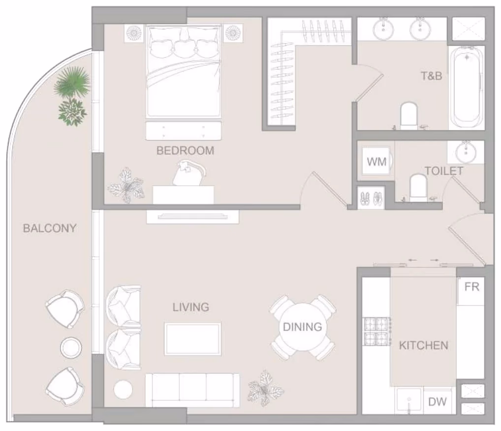 תוכנית חדר שינה אחד · Type F ב־נדל"ן להשקעה Object One V1stara House, באזור Al Furjan, דובאי