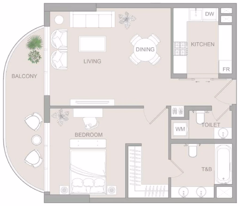 תוכנית חדר שינה אחד · Type G ב־נדל"ן להשקעה Object One V1stara House, באזור Al Furjan, דובאי