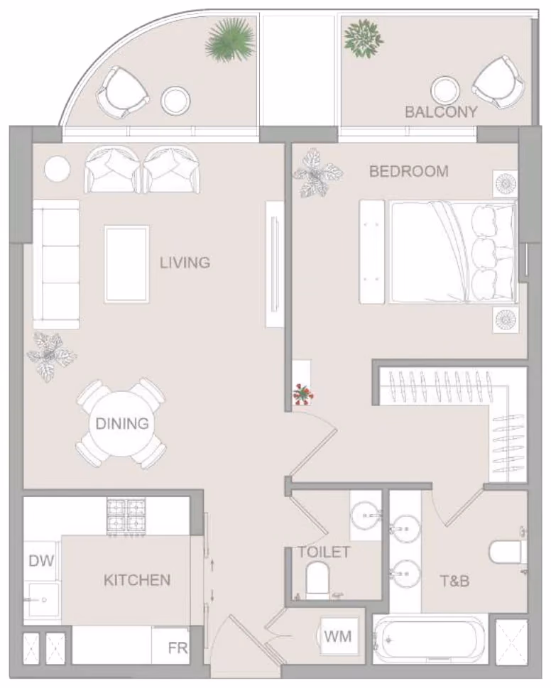 תוכנית חדר שינה אחד · Type H ב־נדל"ן להשקעה Object One V1stara House, באזור Al Furjan, דובאי