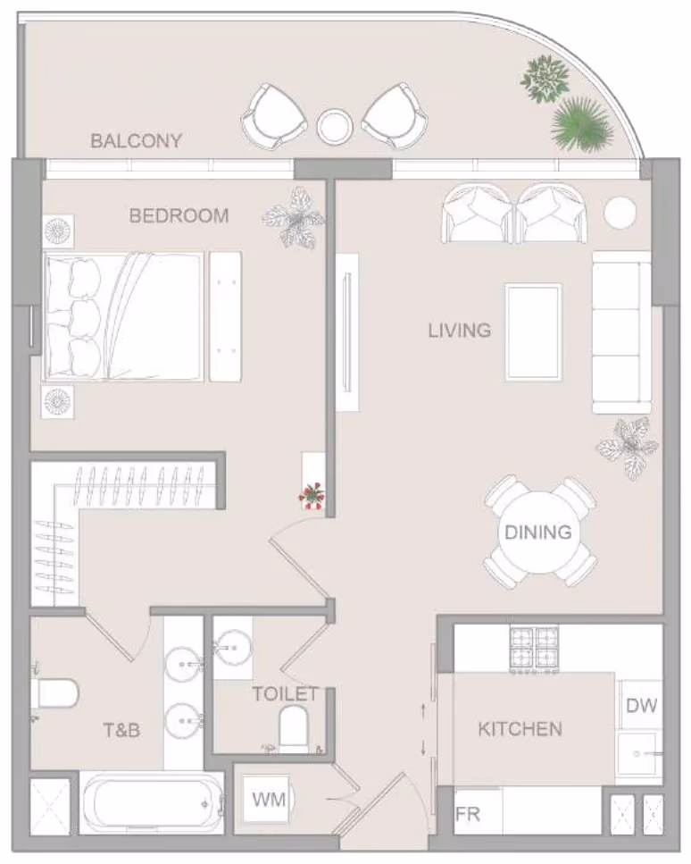 תוכנית חדר שינה אחד · Type I ב־נדל"ן להשקעה Object One V1stara House, באזור Al Furjan, דובאי