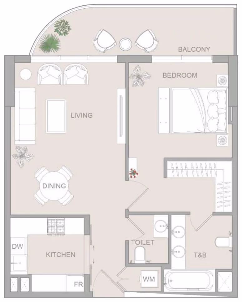 תוכנית חדר שינה אחד · Type J ב־נדל"ן להשקעה Object One V1stara House, באזור Al Furjan, דובאי