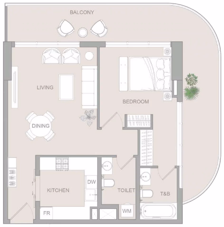 תוכנית חדר שינה אחד · Type K ב־נדל"ן להשקעה Object One V1stara House, באזור Al Furjan, דובאי