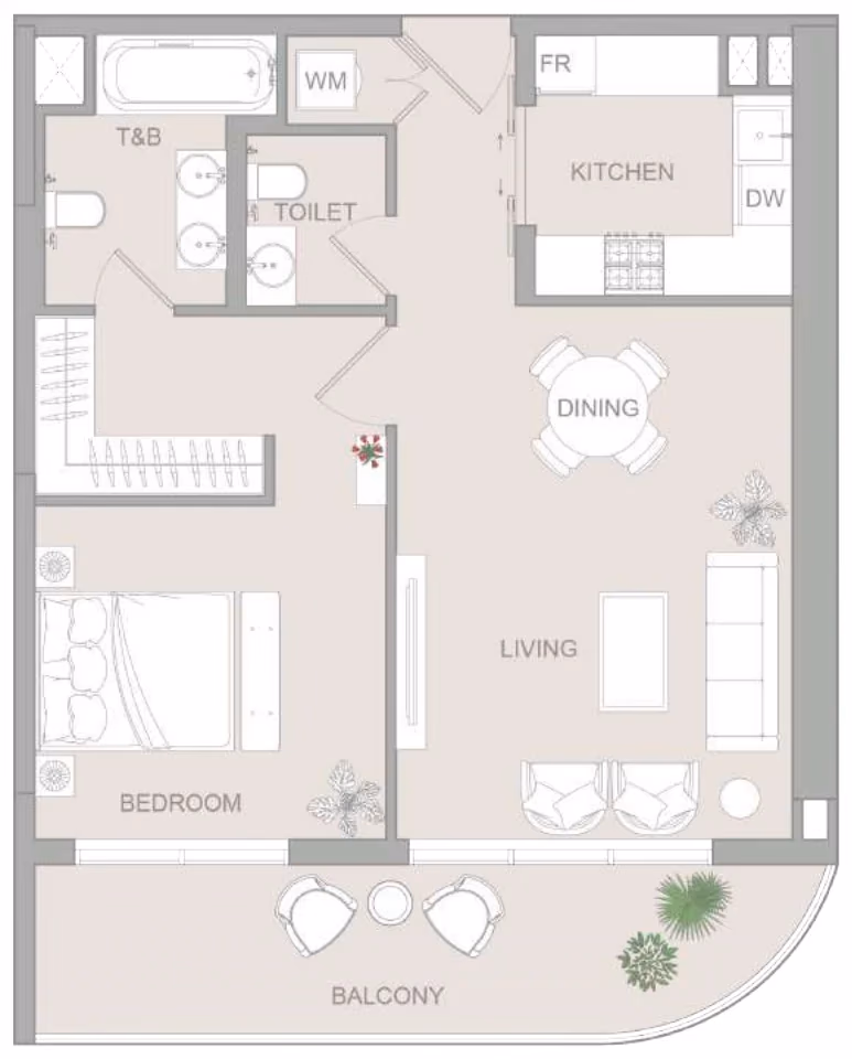 תוכנית חדר שינה אחד · Type L ב־נדל"ן להשקעה Object One V1stara House, באזור Al Furjan, דובאי
