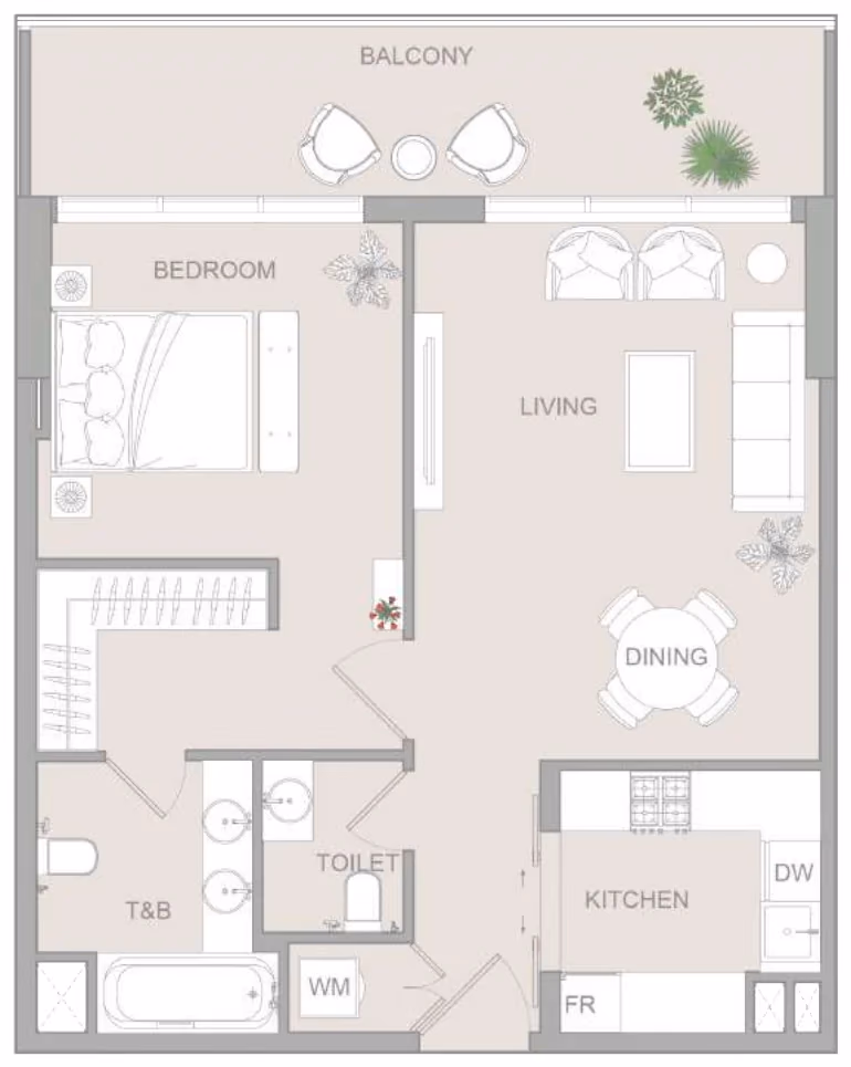 תוכנית חדר שינה אחד · Type M ב־נדל"ן להשקעה Object One V1stara House, באזור Al Furjan, דובאי