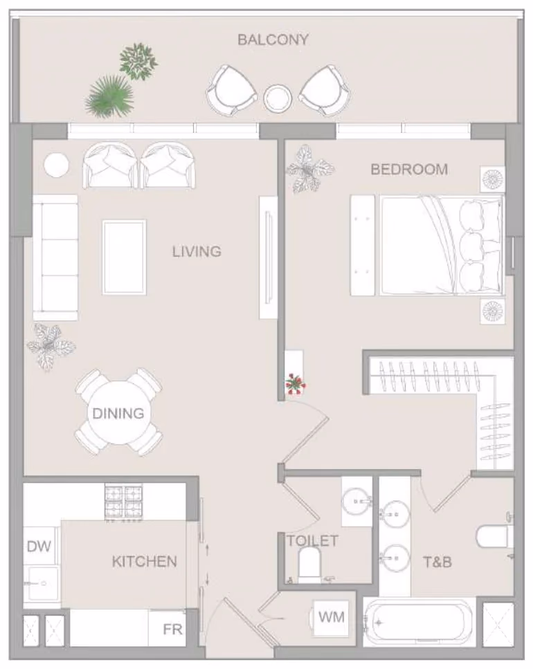 תוכנית חדר שינה אחד · Type N ב־נדל"ן להשקעה Object One V1stara House, באזור Al Furjan, דובאי