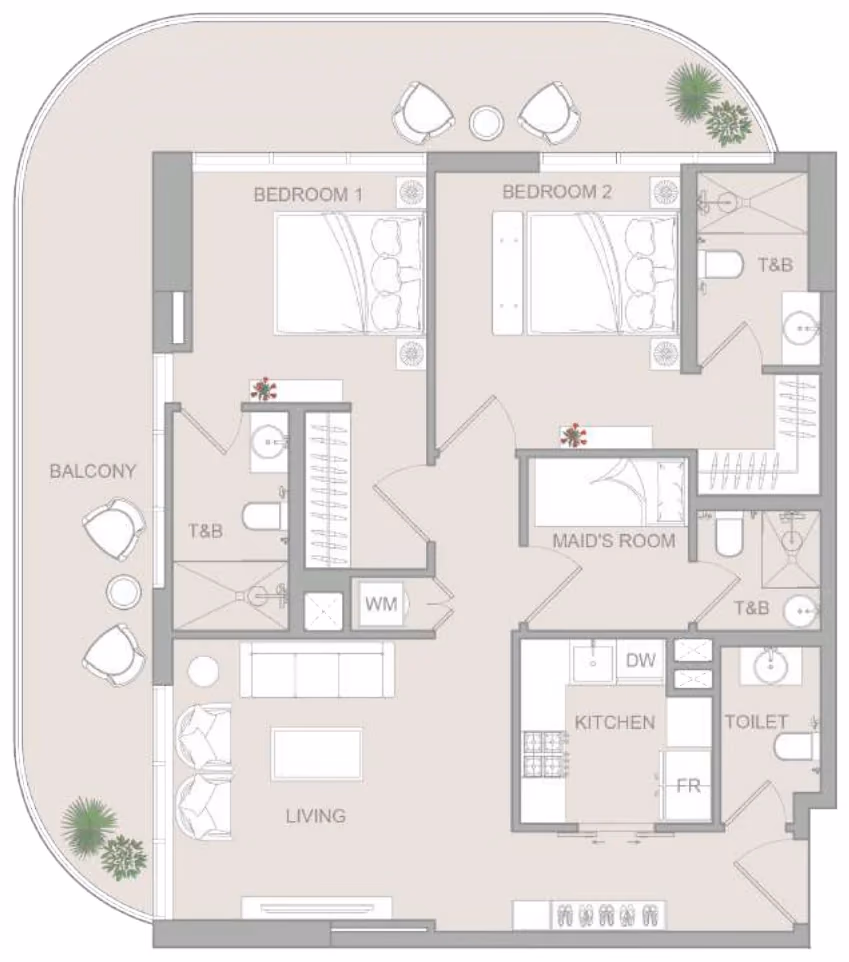 תוכנית 2 חדרי שינה · Pro Type B ב־נדל"ן להשקעה Object One V1stara House, באזור Al Furjan, דובאי