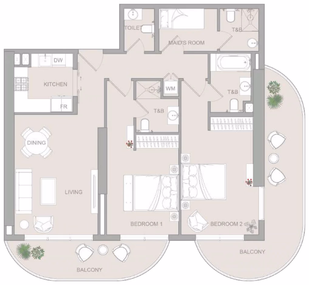 תוכנית 2 חדרי שינה · Pro Type C ב־נדל"ן להשקעה Object One V1stara House, באזור Al Furjan, דובאי