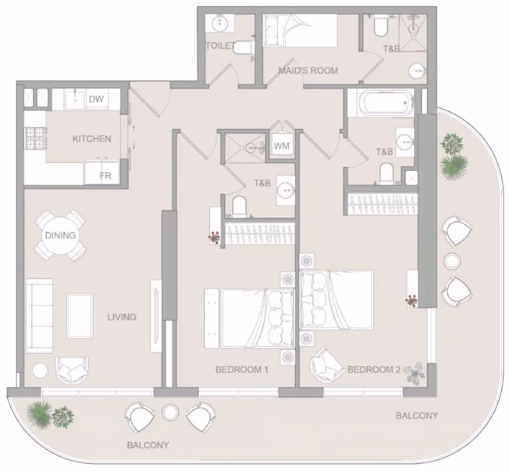 תוכנית 2 חדרי שינה · Pro Type D ב־נדל"ן להשקעה Object One V1stara House, באזור Al Furjan, דובאי