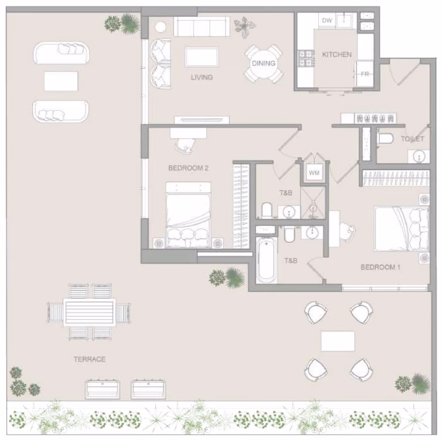 תוכנית 2 חדרי שינה · Type A ב־נדל"ן להשקעה Object One V1stara House, באזור Al Furjan, דובאי