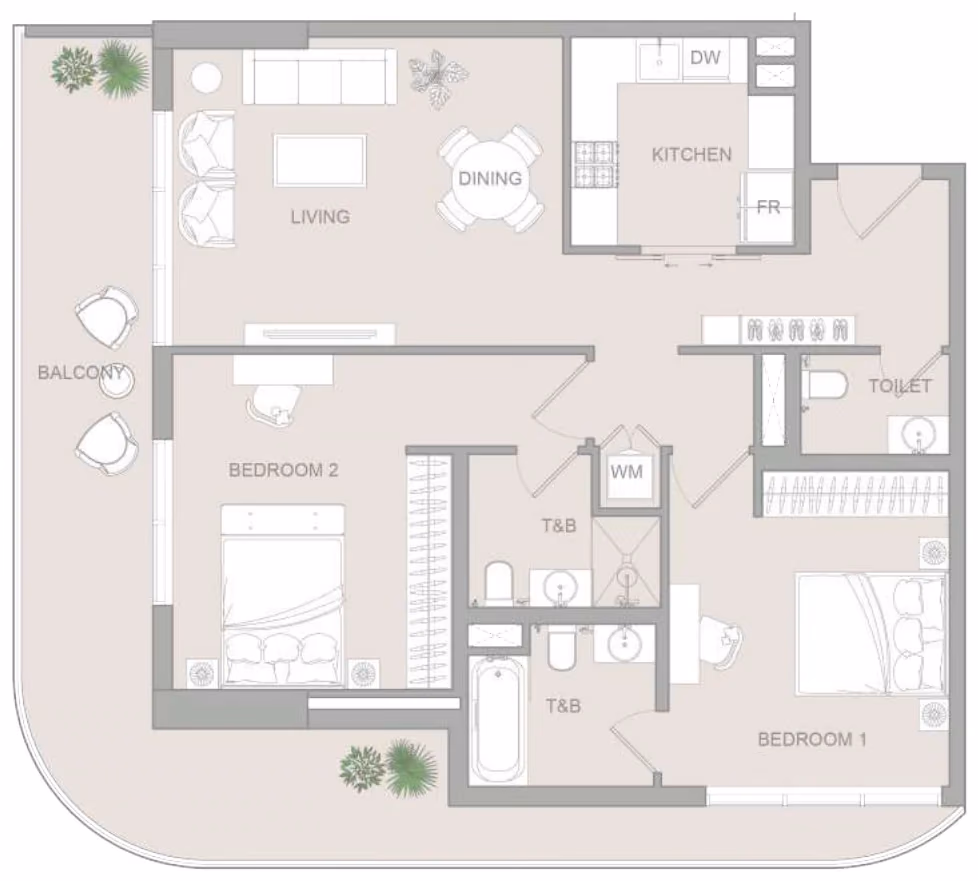 תוכנית 2 חדרי שינה · Type B ב־נדל"ן להשקעה Object One V1stara House, באזור Al Furjan, דובאי